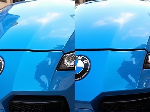 Before and after exterior detail on blue BMW