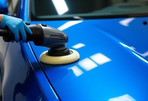 Paint Correction specialist polishing a blue vehicle